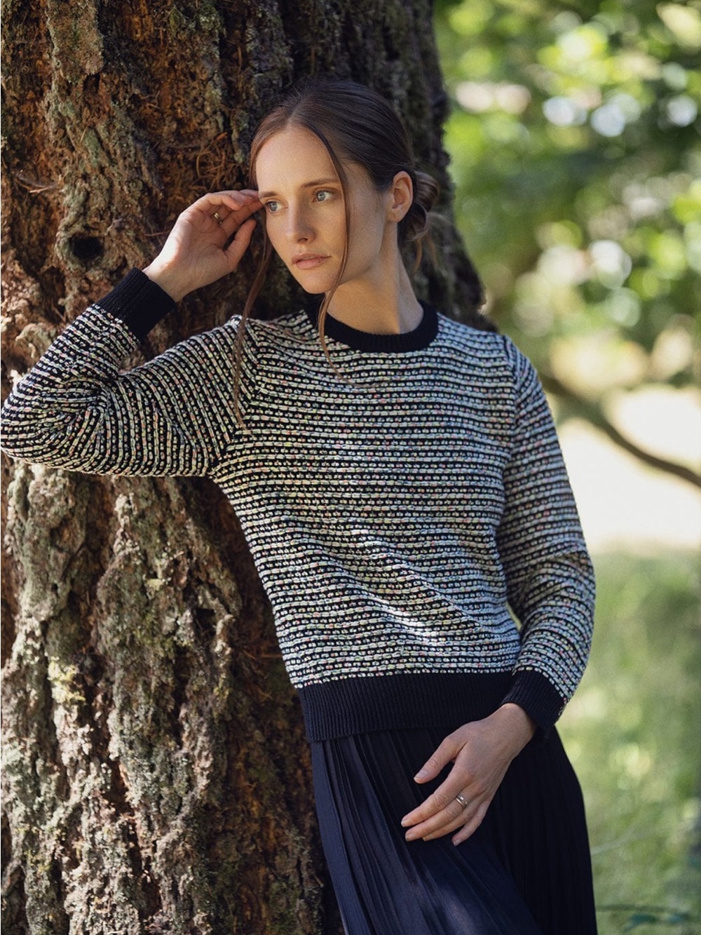 Striped Knit Crewneck Sweater in Black and Cream